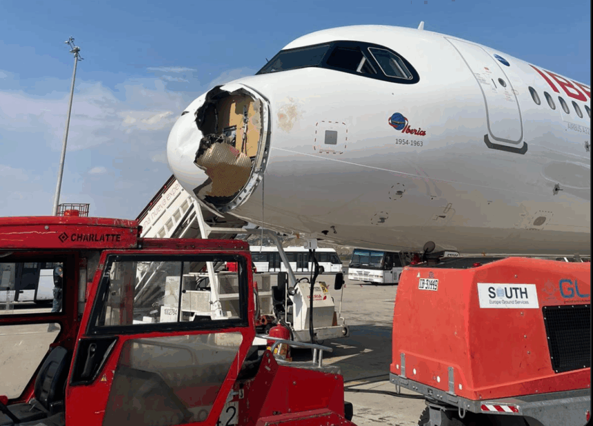 Airbus plane damage after bird strike. bird strike shortly after leaving Madrid Barajas Airport