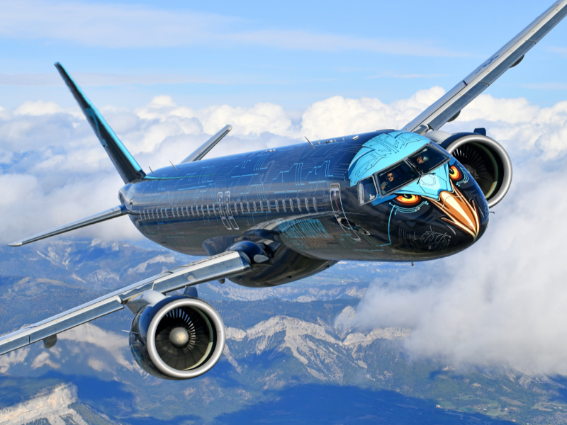 A E2 jet with a unique and striking design featuring a bird's face painted on the nose is flying above the clouds. The aircraft's fuselage is adorned with intricate patterns resembling circuit boards, and its engines are prominently visible. The background shows a scenic view of mountains partially covered by clouds under a clear blue sky.