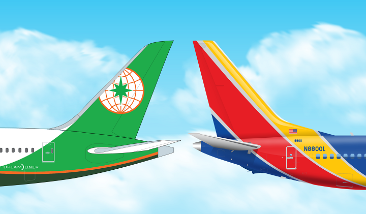 The tails for an EVA Air aircraft and a Southwest Airlines aircraft.
