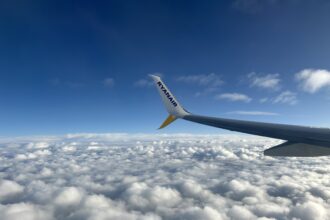 A Ryanair flying in the air