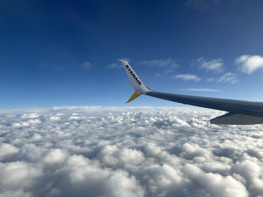 A Ryanair flying in the air
