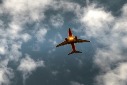 Plane in the blue sky with clouds
