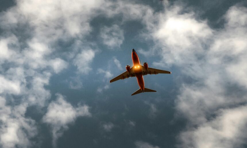 Plane in the blue sky with clouds