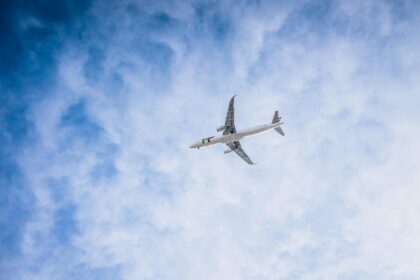 Airplane cruising above the clouds on a clear day, framed against a bright blue sky