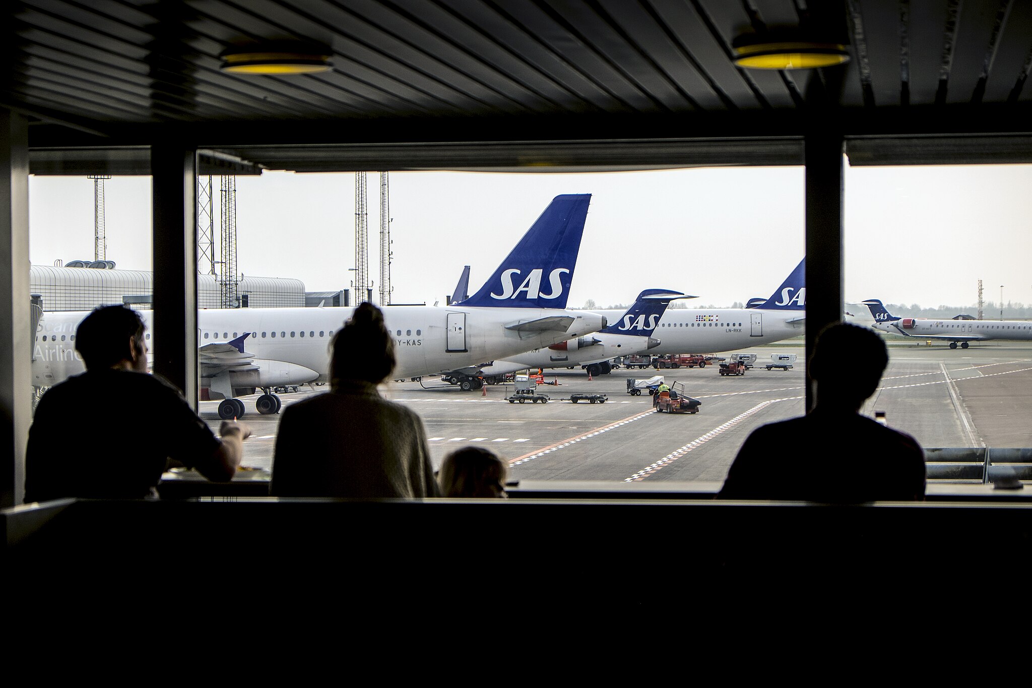 Passengers in the airport terminal look out at multiple SAS planes.