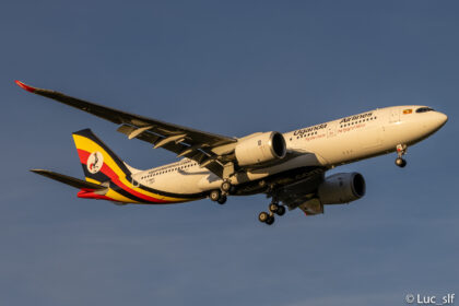 Uganda Airlines Airbus A330neo in flight against blue sky, representing the Air India Uganda Airlines partnership and expanding Africa Asia air connectivity 2025 under the Uganda Airlines Air India interline agreement.