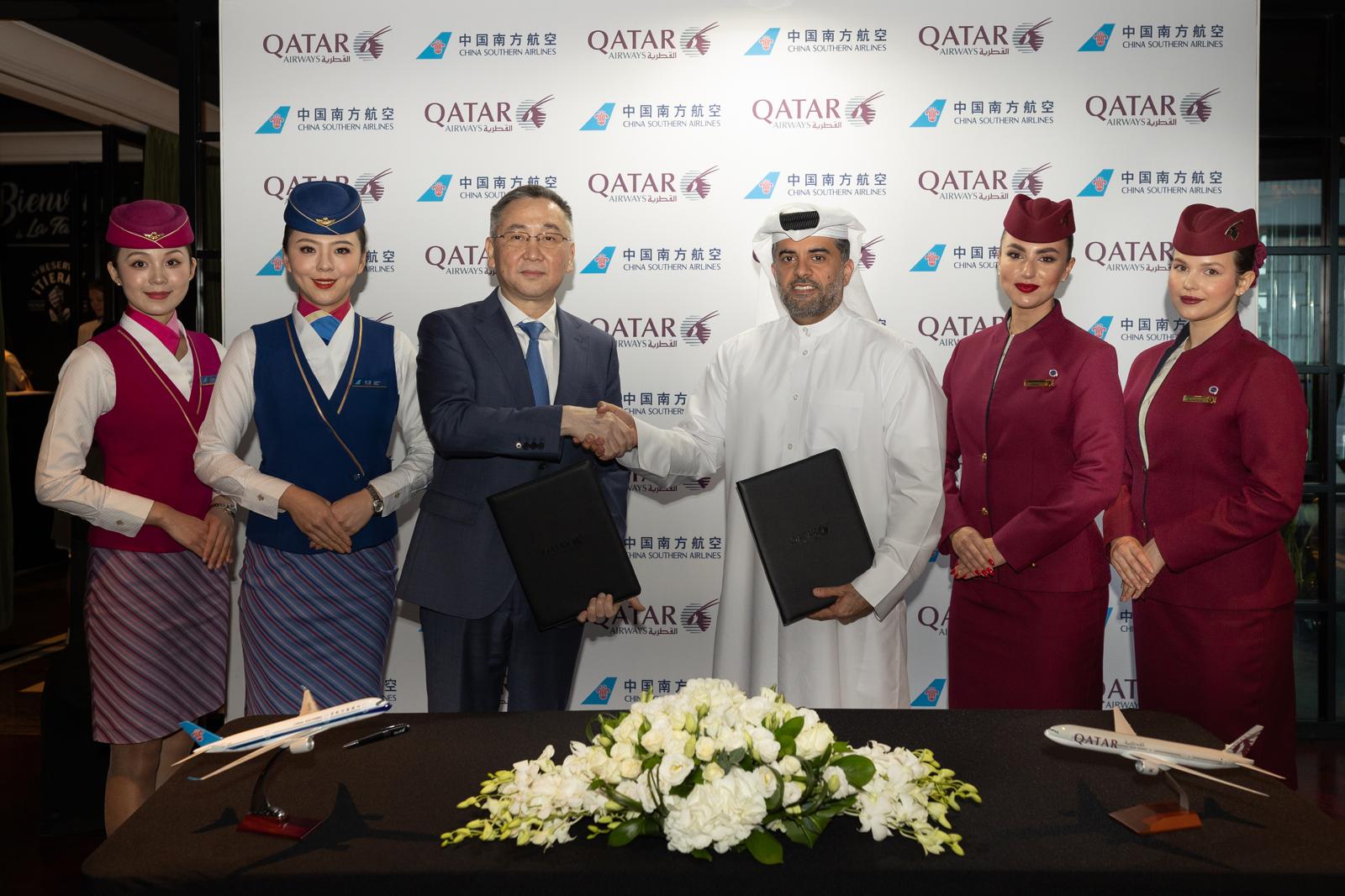 Qatar Airways and China Southern Airlines signing an MoU for their next phase partnership.