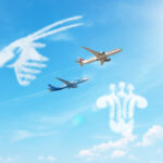 Qatar and China Southern Airline Planes with clouds of their logo's shapes.