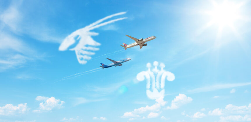Qatar and China Southern Airline Planes with clouds of their logo's shapes.