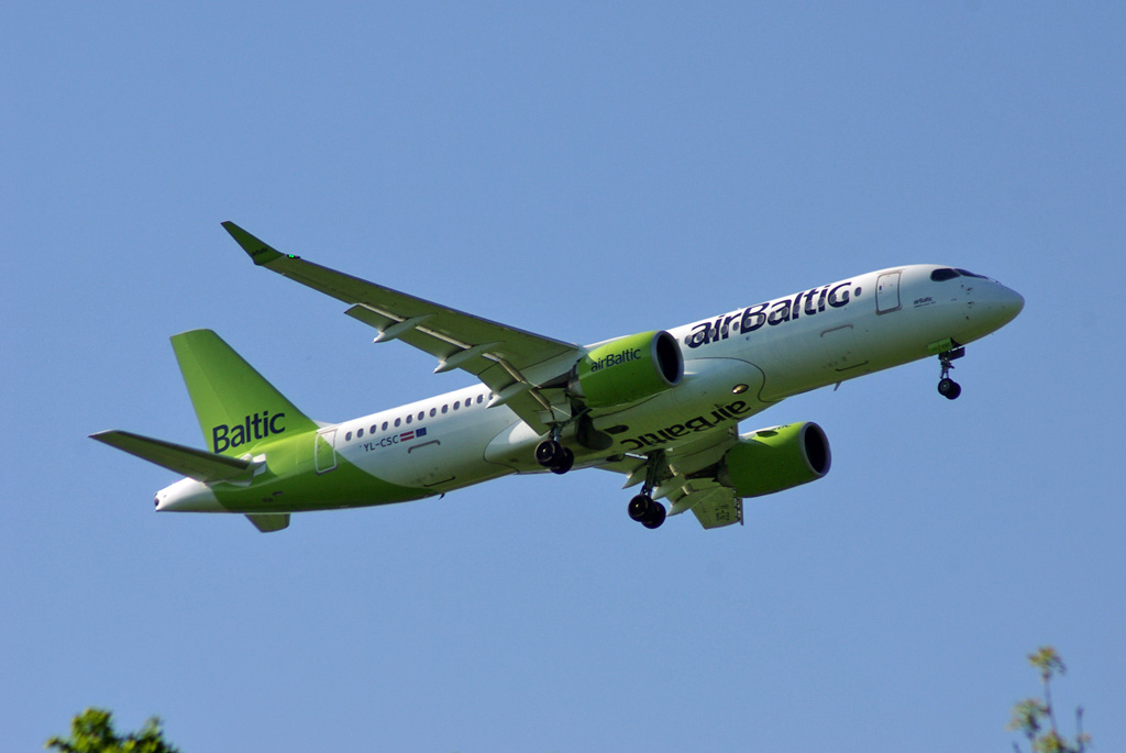 airBaltic Airbus A220 approaching Gatwick