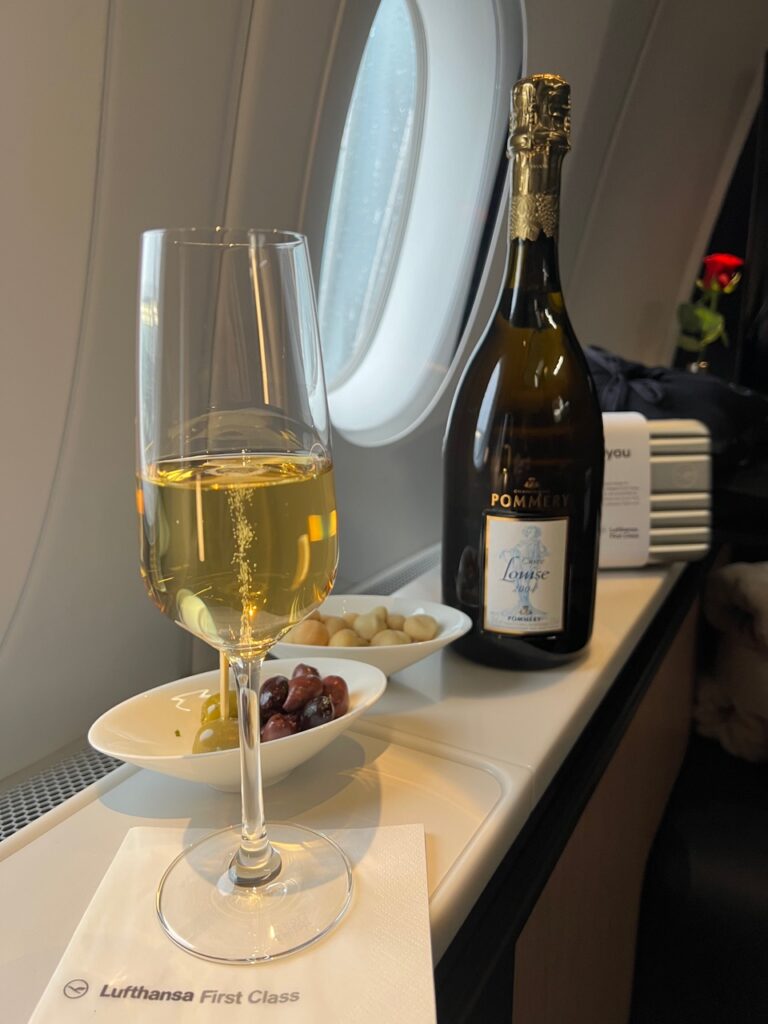 Lufthansa's first class experience with wine and caviar.