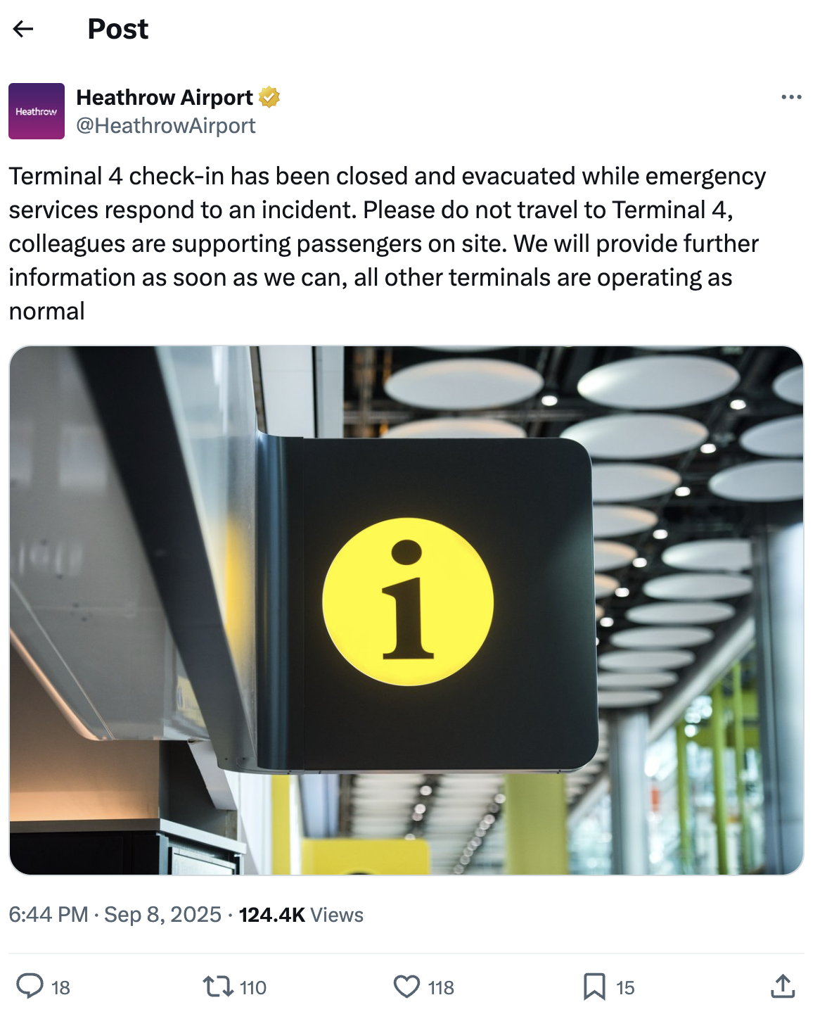 Social meida announcement from Heathrow advising travellers to not travel to T4 until further updates.