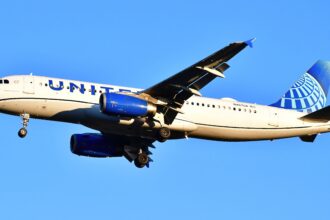 A United airlines plane in the blue sky.