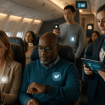 Passengers sitting on an airplane using modern technology