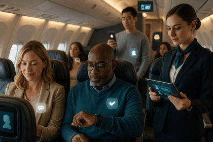 Passengers sitting on an airplane using modern technology