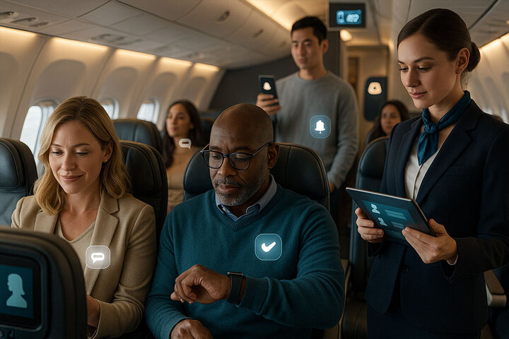 Passengers sitting on an airplane using modern technology