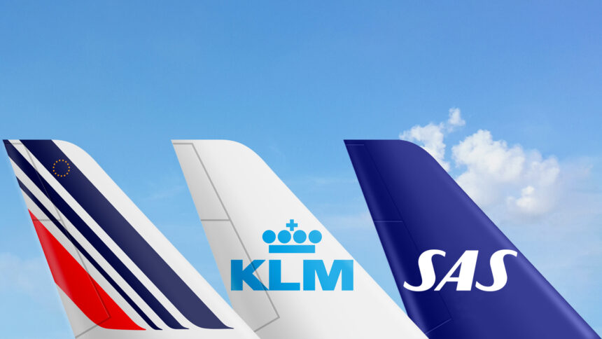 The image shows the tail sections of three airplanes from different airlines against a clear blue sky. From left to right, the tails belong to Air France, KLM Royal Dutch Airlines, and Scandinavian Airlines (SAS). The Air France tail features a design with blue and red stripes and a small circle of yellow stars. The KLM tail is white with the airline's blue logo, which includes a crown symbol. The SAS tail is dark blue with the airline's white logo.