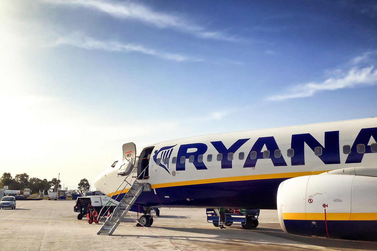 A Ryanair aircraft parked on terminal tarmac 