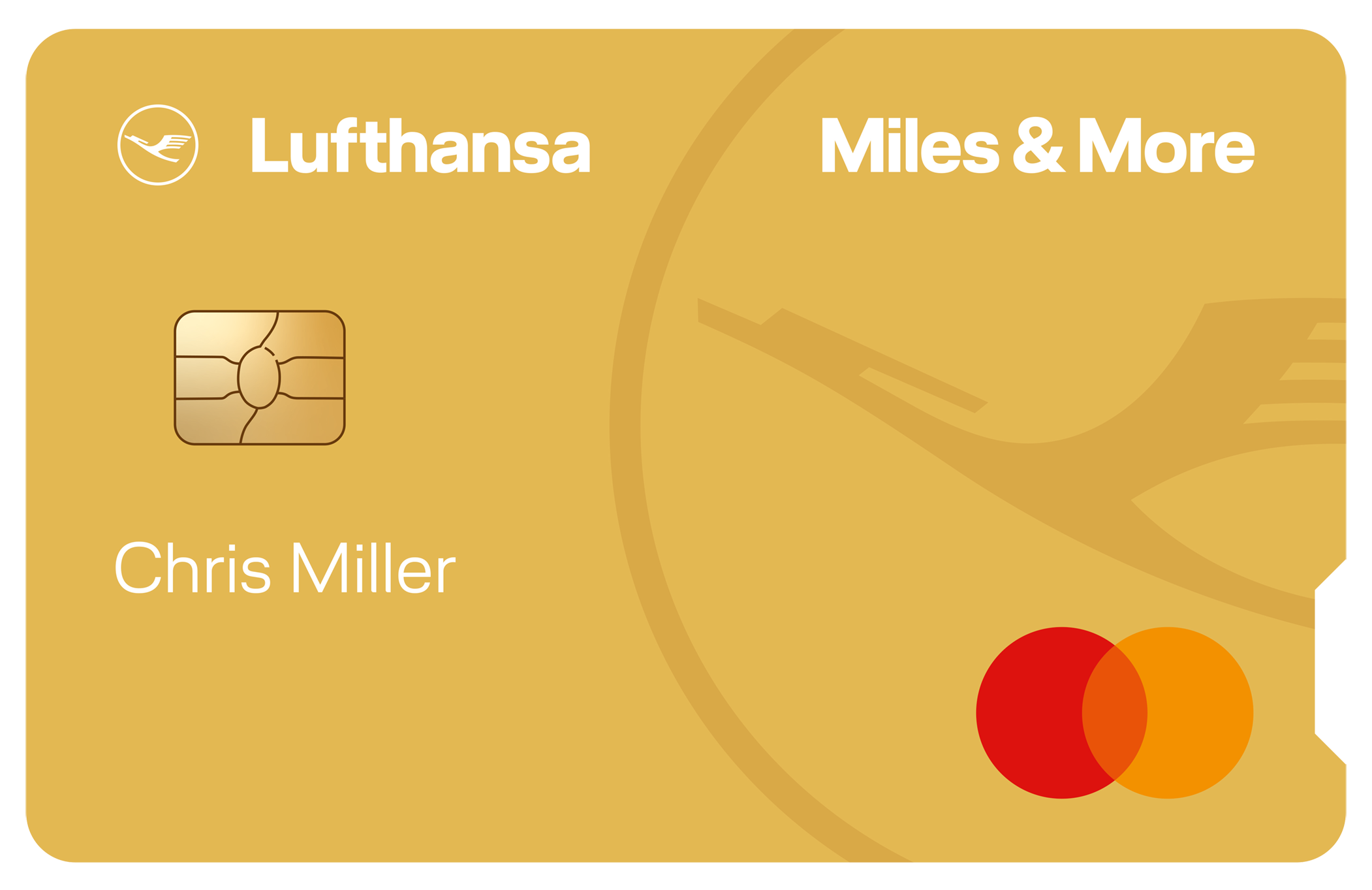 A gold-colored Lufthansa Miles & More credit card with a chip on the left side. The name "Chris Miller" is printed below the chip. The Lufthansa logo and the words "Lufthansa" and "Miles & More" are displayed at the top of the card. The Mastercard logo is located at the bottom right corner.