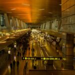 Bustling airport terminal with modern decor