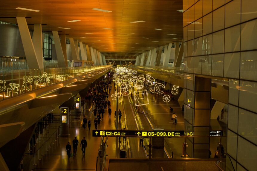 Bustling airport terminal with modern decor