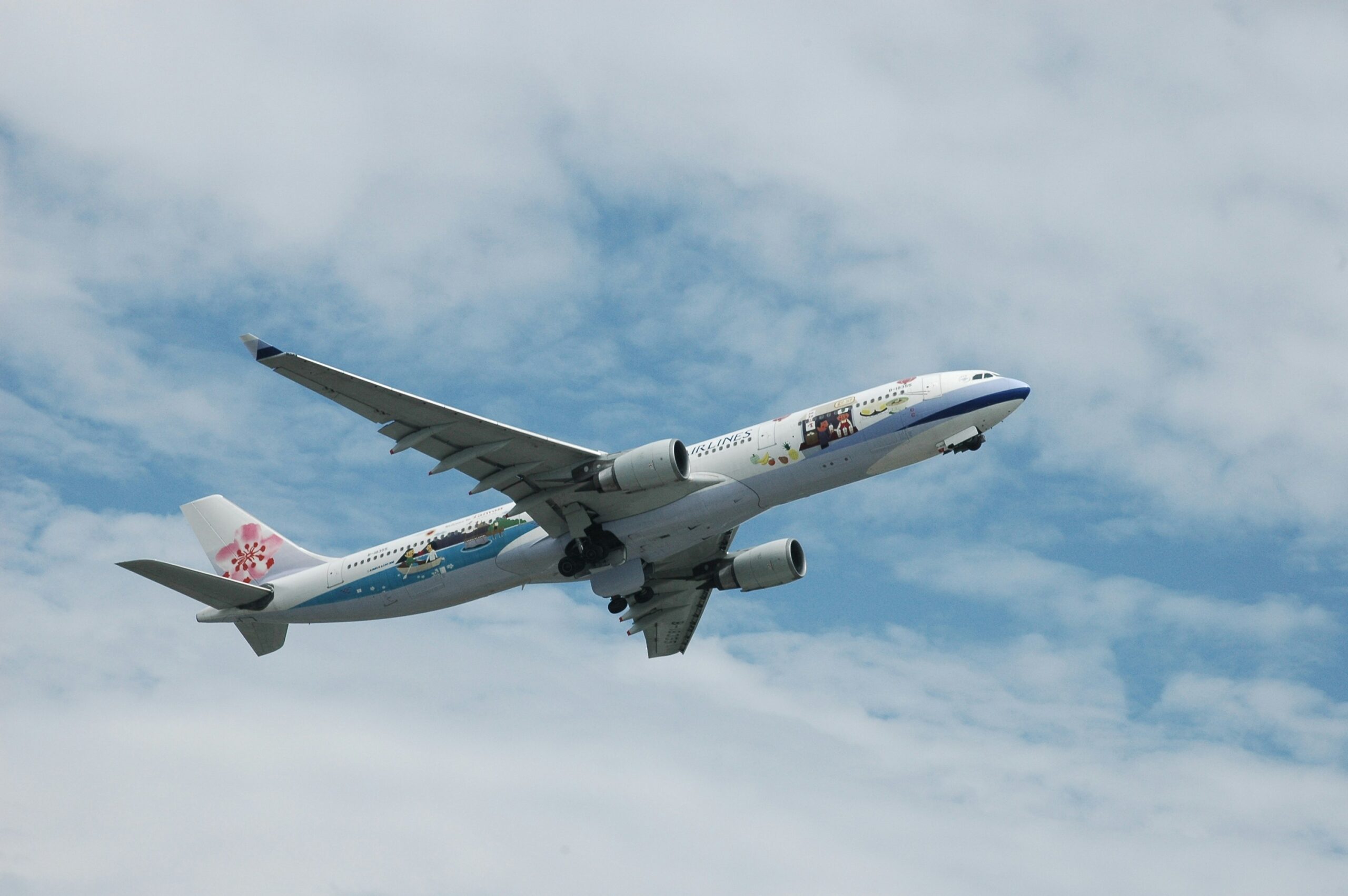 An airplane with cartoon-themed livery featuring animated characters and a pink flower logo on the tail, flying against a partly cloudy sky.