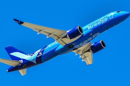Breeze Airways Airbus A220-300 climbing after takeoff under clear skies, showcasing the carrier’s focus on Airbus A220 efficiency and fleet expansion within Breeze Airways A220 fleet growth to reach underserved U.S. routes.
