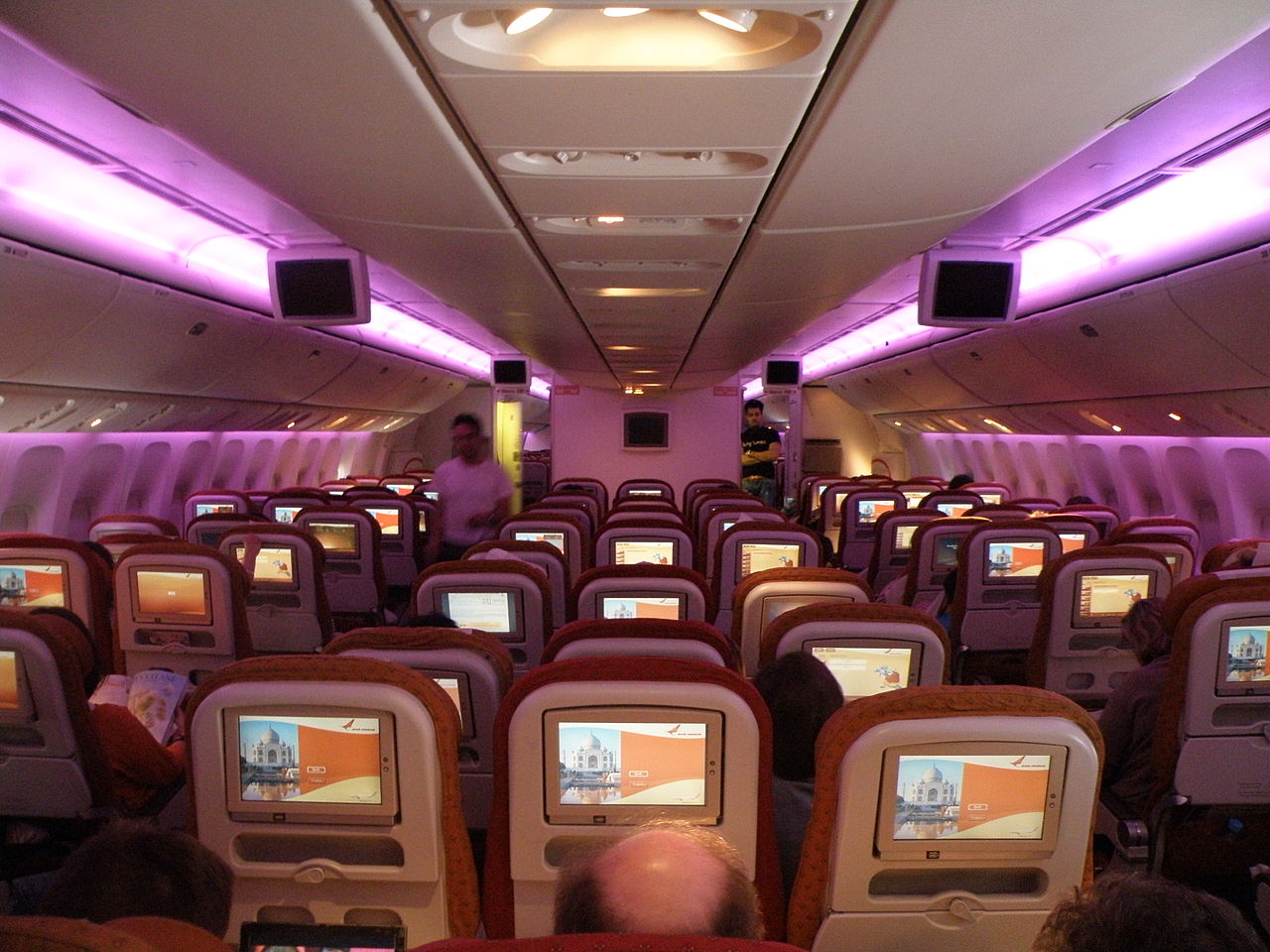 The cabin of an Air India Boeing 777 Economy class.