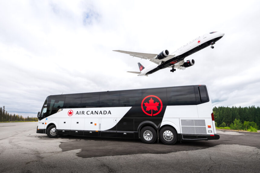 Aircraft flying over a motorcoach