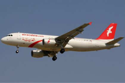 An Air Arabia Airbus A320 aircraft in the air.