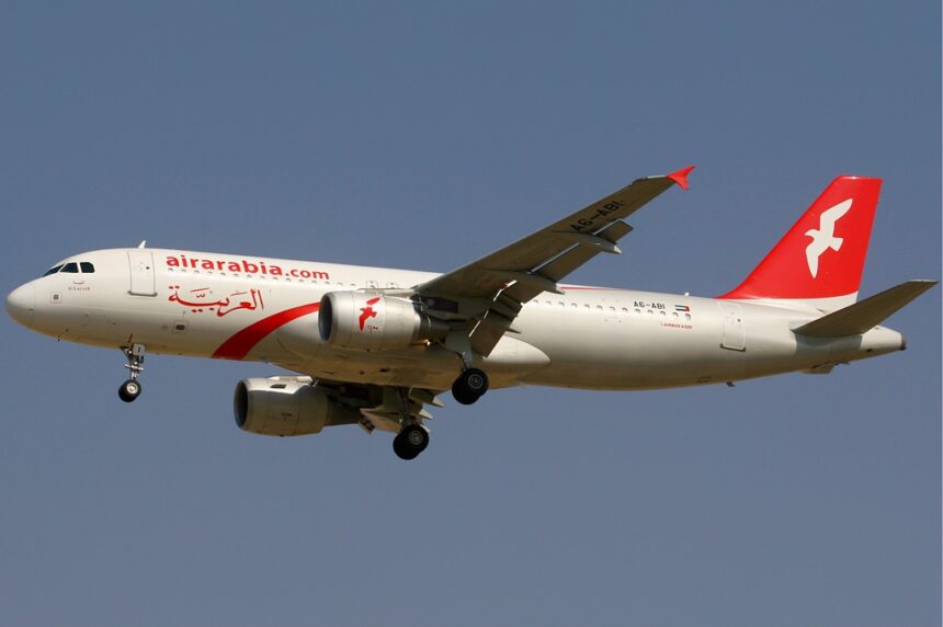 An Air Arabia Airbus A320 aircraft in the air.