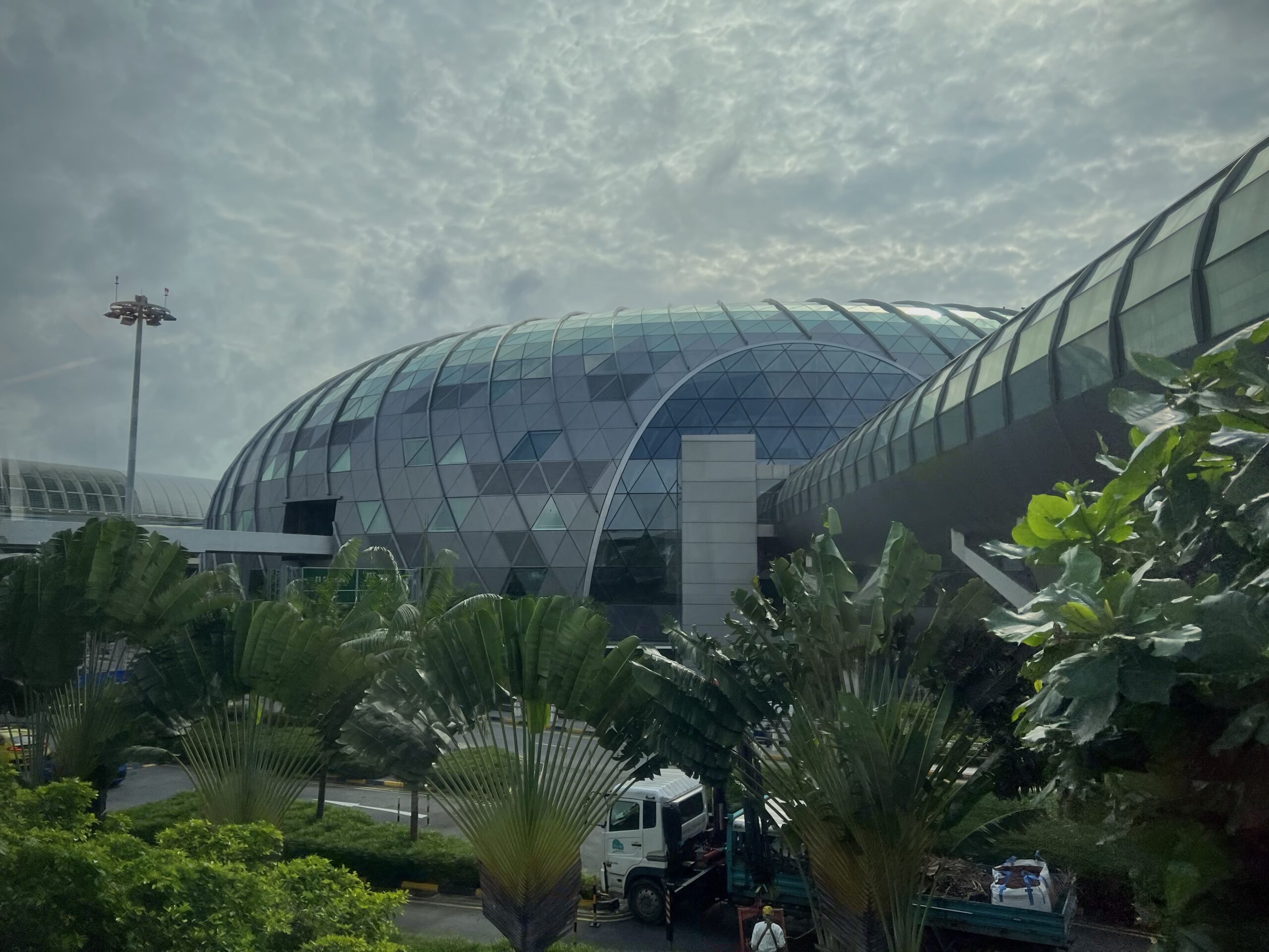 The outside of Changi Airport in Singapore, a large glass dome with trees surrounding it.
