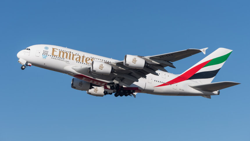 Emirates Airbus A380 in flight