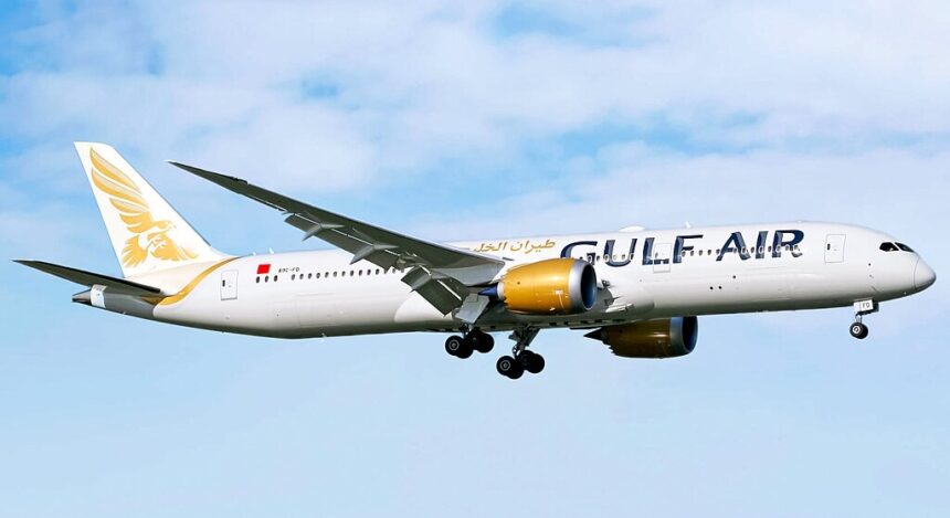 A Gulf Air Boeing 787-9 in air.