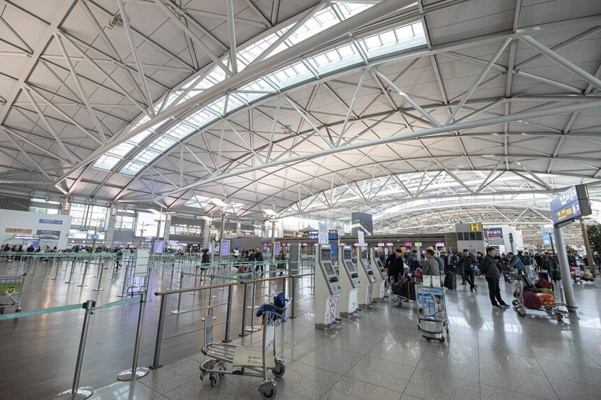 Terminal 1 Departure Hall at Incheon International Airport, South Korea.