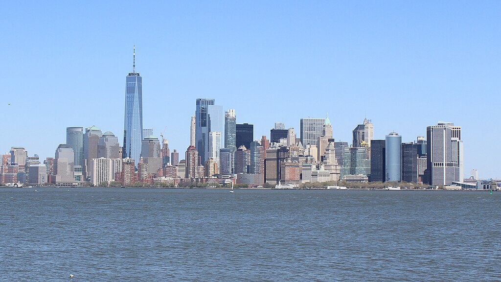 The lower Manhattan skyline taken from Liberty Island.