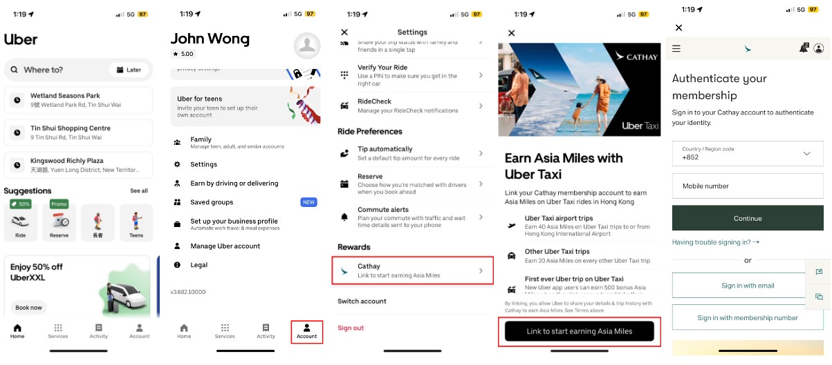 Cathay account linking via Uber Rides app