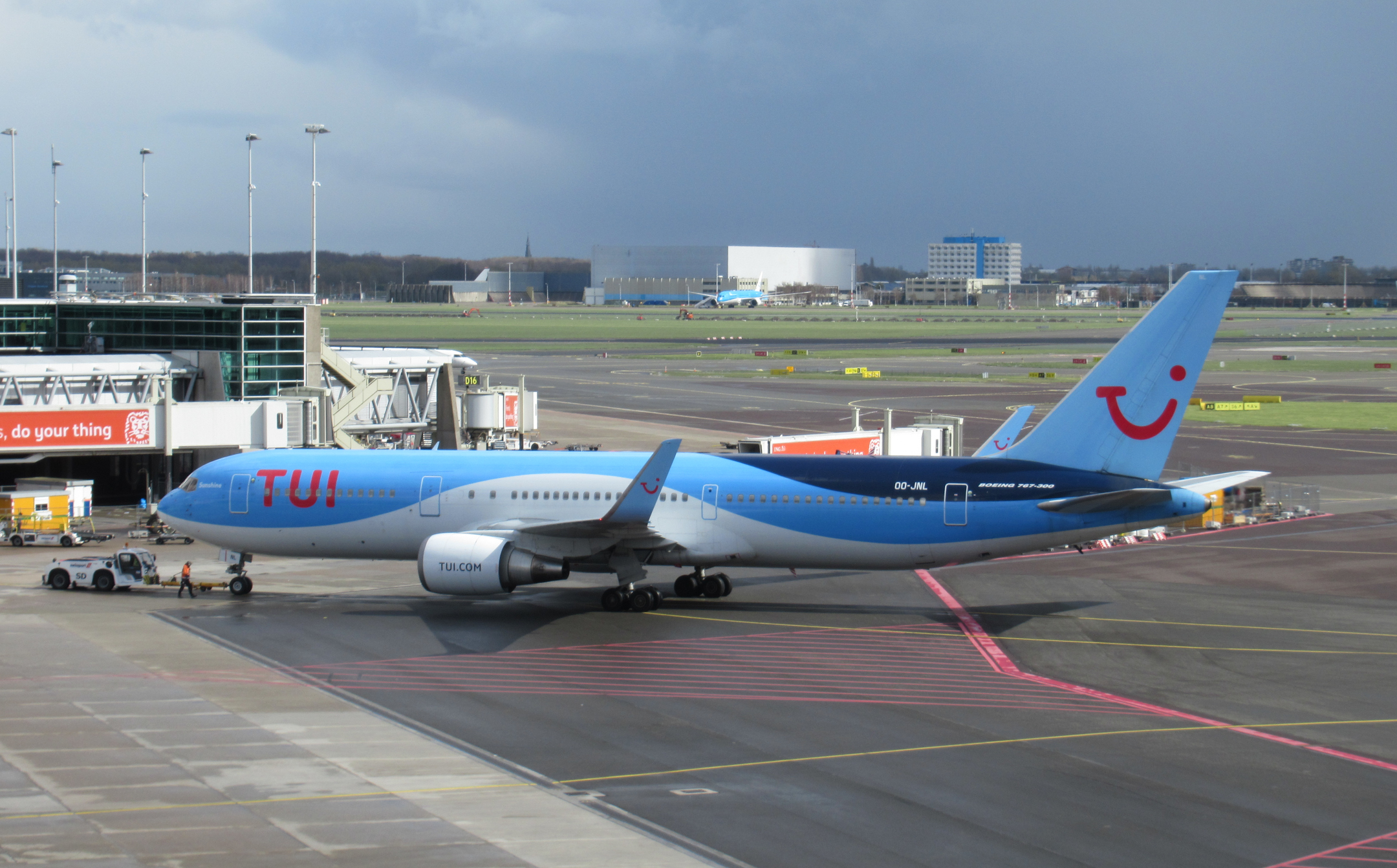 A TUI flight on the ground at Schipol airport.