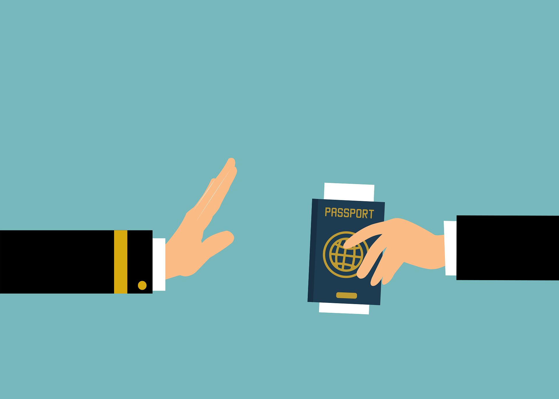 Illustration of a border control officer refusing a passport, referencing enforcement of the US airlines gender marker rule.