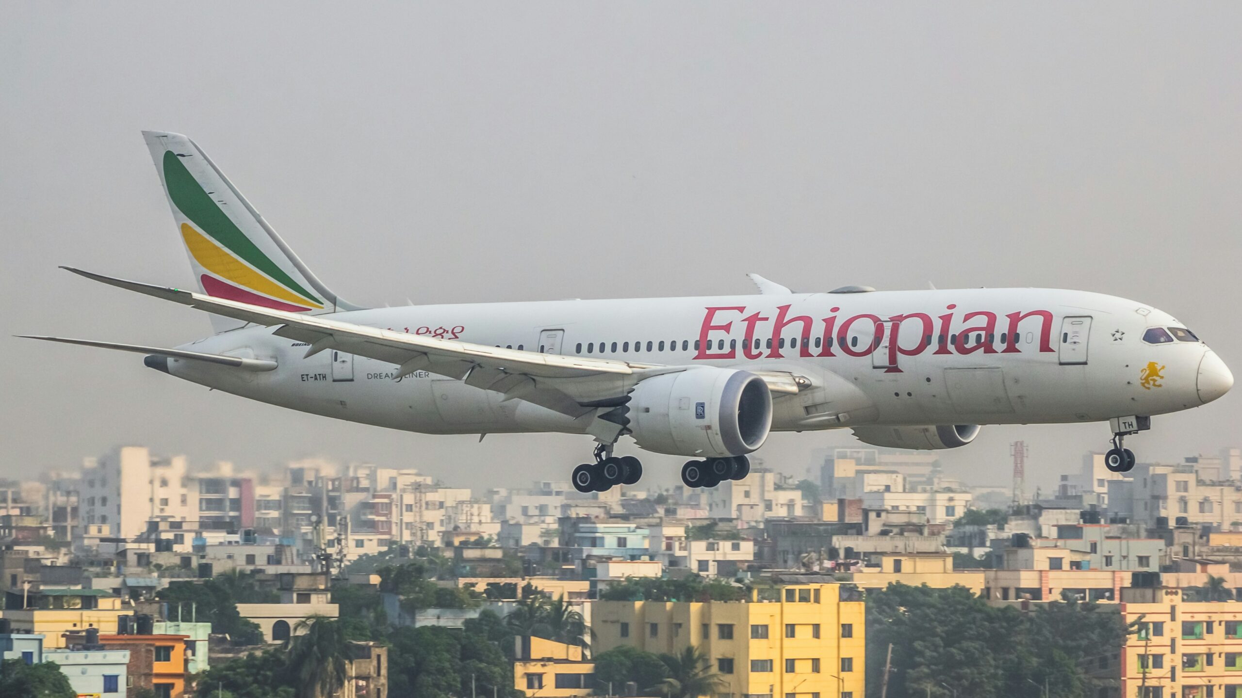 An Ethiopian Airways plane descending into Dhaka, Bangladesh
