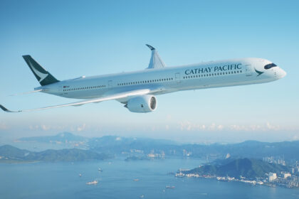 A Cathay Pacific Airbus A350 in air.
