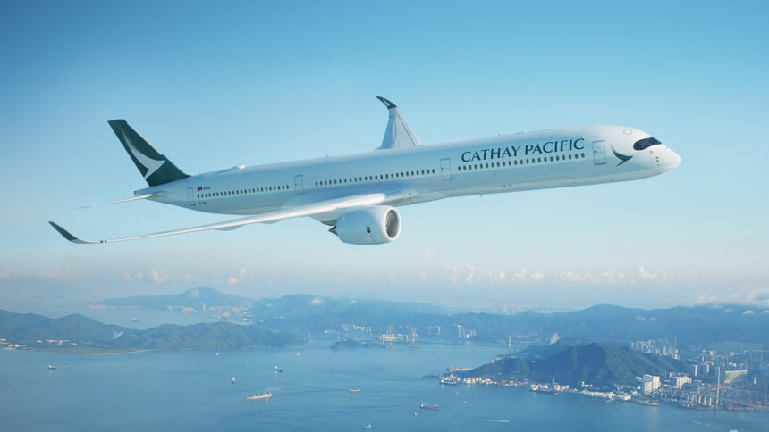 A Cathay Pacific Airbus A350 in air.