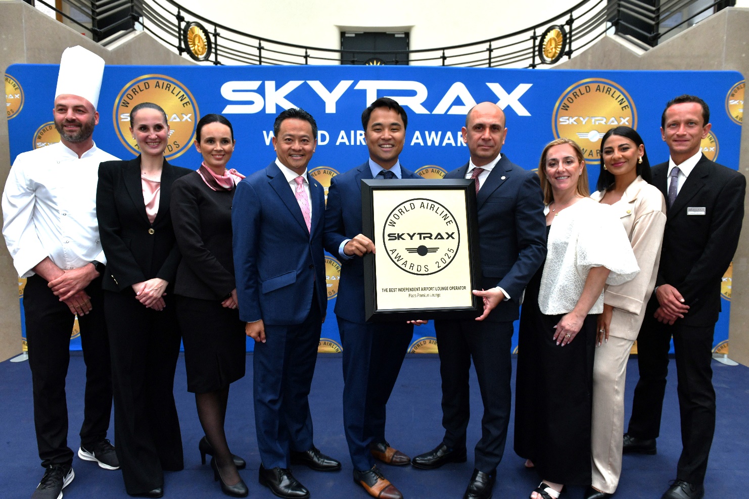 Plaza Premium Group's Leadership Team Jonathan Song, Chief Commercial Officer; Bora Isbulan, Deputy CEO; Analia Marinoff, Area General Manager - Italy, Finland & Germany; and representatives from Plaza Premium Lounge Rome, received the "World's Best Independent Airport Lounge Awards" at The World Airline Awards 2025 in Paris.