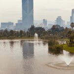 The Addis Ababa skyline atop water display