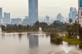The Addis Ababa skyline atop water display