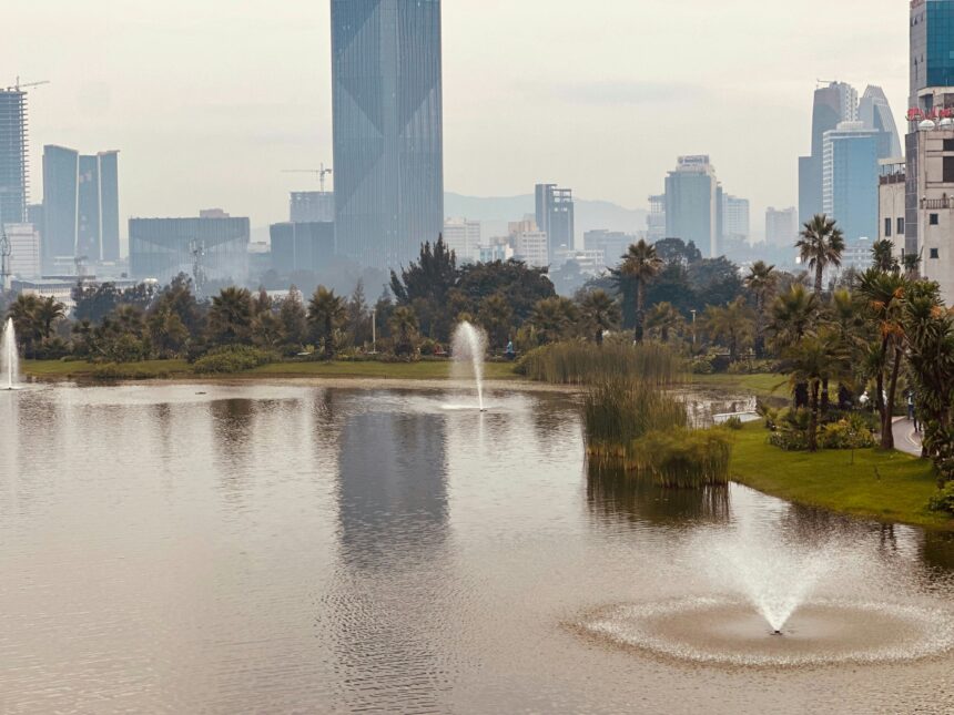 The Addis Ababa skyline atop water display