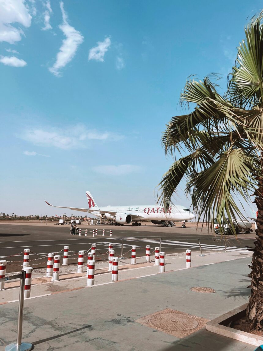 Qatar Airways aircraft with a palm tree in the foreground