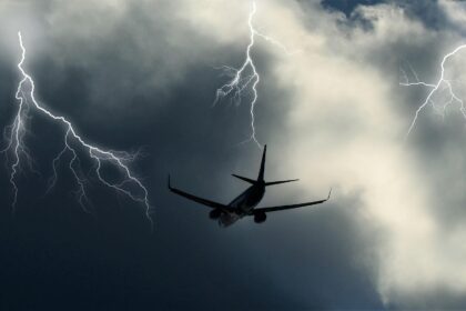 Commercial airplane flying through a thunderstorm with multiple lightning strikes, illustrating airplane lightning strike, lightning safety, and aircraft design.