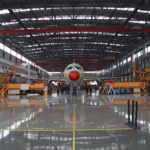 A picture of an aircraft in Airbus’ final assembly line in Tianjin, China