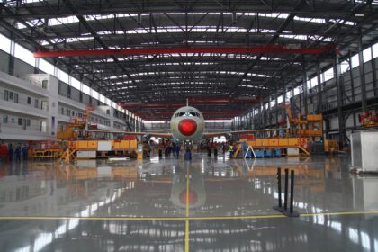 A picture of an aircraft in Airbus’ final assembly line in Tianjin, China